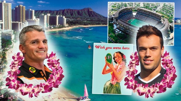 Aloha: Wests Tigers coach Ivan Cleary and star half Luke Brooks go Hawaiian.