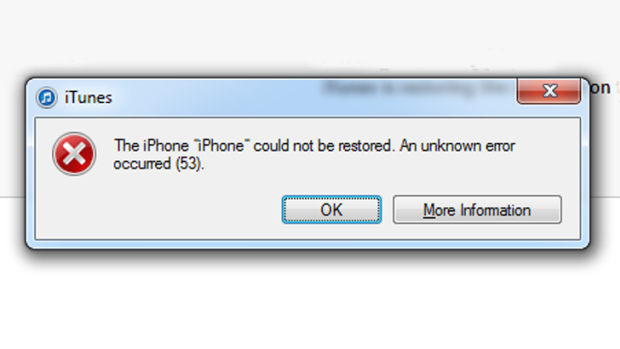 "The iPhone could not be restored": Apple's "error 53" alert.