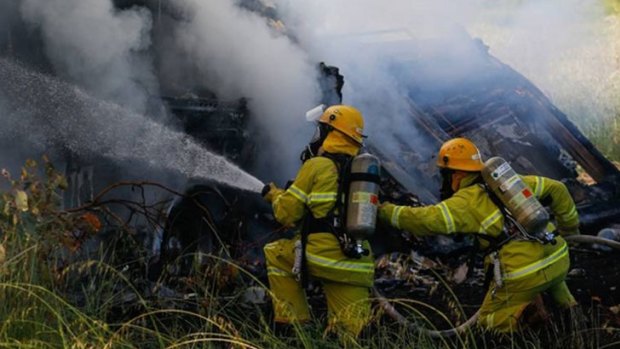 The front end of the truck collapsed under the heat of the blaze on the side of the Hume Highway.
