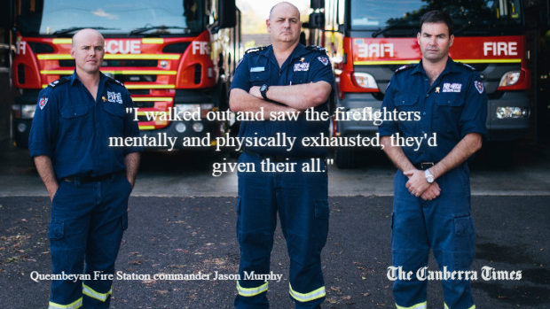 Queanbeyan Fire station leading firefighter Jason McPherson, station commander Jason Murphy and senior firefighter Steven Duff who attended the fatal fire on Monday. 