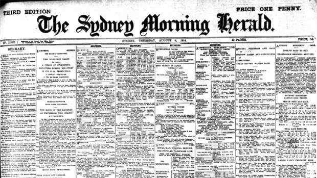 The Sydney Morning Herald on August 6, 1914. "A state of war exists between Great Britain and Germany" read the lead news story of the far left column.