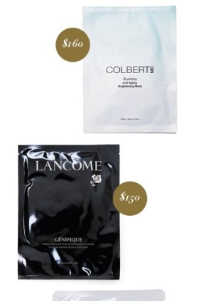 Colbert MD Illumino Anti-Ageing Brightening Mask, $160 (for six).
Lancôme Genéfi que Youth Activating Second Skin Mask, $150 (for six). Napoleon Perdis Collagen Hydrogel Face Mask, $15 each. 