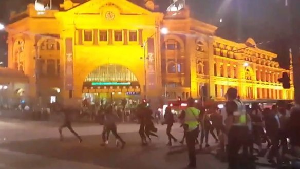 Apex gang rioters in Melbourne CBD, outside Flinders Street Station.