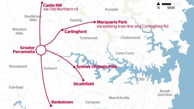 The four possible light rail routes under consideration.