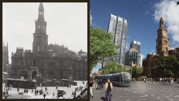 Old is new again: A tram outside Town Hall – and a vision of the future light rail.