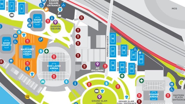 A map of Melbourne Park, showing the Emirates Skydeck that leads to the MCG.