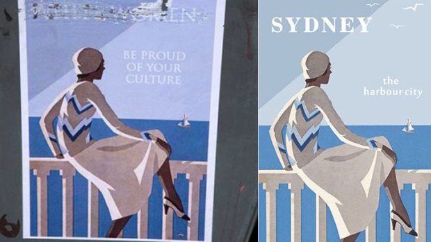 The scratched-out title "white women" in Fremantle - a poster also appearing in Maylands - and the original poster by an Australian design firm. 