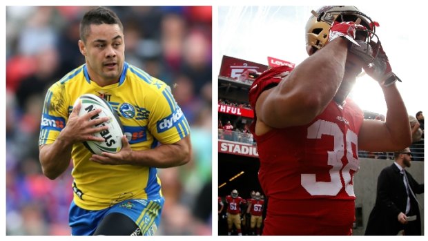 Changing frame: Jarryd Hayne in Eels colours in 2014 and during his NFL sojourn.