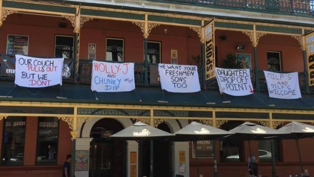 Some of the offensive banners which have forced the Brass Monkey Hotel into issuing an apology. 