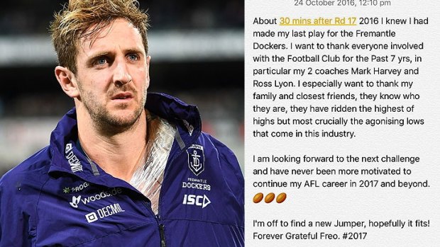 Michael Barlow's emotional message upon learning he was leaving Fremantle.