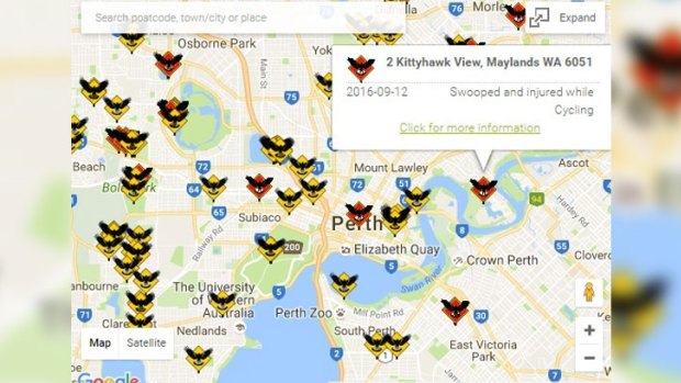 The map details on the hots spots across Perth for magpie attacks.