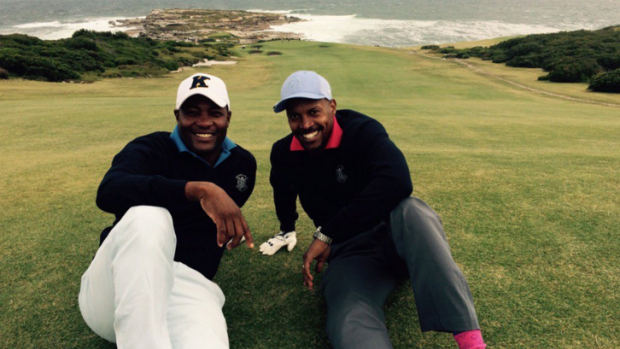 On course: Brian Lara with his old friend Robert Wickham at the fifth fairway of the NSW Golf Course.