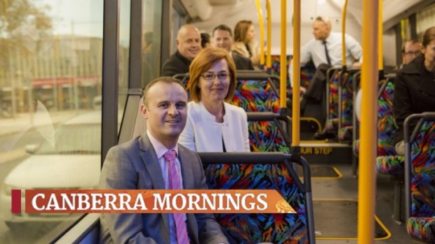 ACT Chief Minister Andrew Barr and Transport Minister Meegan Fitzharris taking a tour on the new "city loop" bus service. 