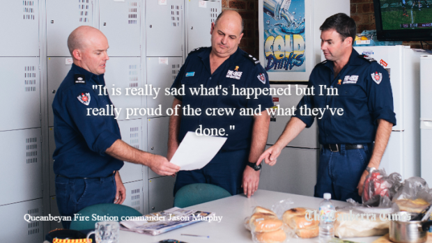 Queanbeyan Fire Station's Jason McPherson, Jason Murphy and senior firefighter Steven Duff in the station's break room.