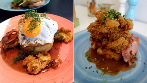 Aliment's buttermilk fried chicken crumpets ($21) and the southern fried chicken ($18) at Good Things.   