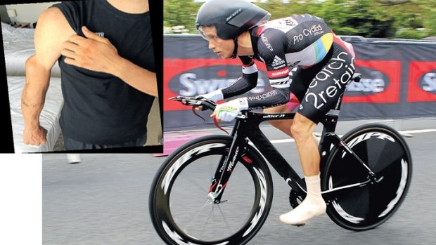 Riding high: Alistair Donohoe in action; (left) his right arm that was permanently damaged in an accident.