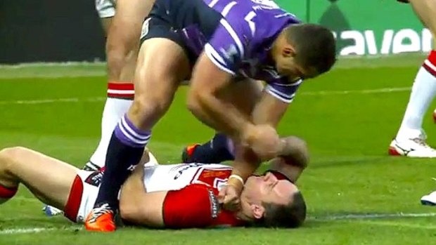 Red card offence: Ben Flower of Wigan Warriors punches Lance Hohaia.