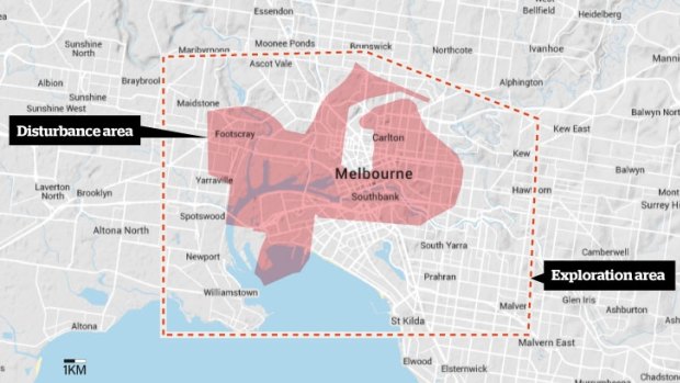 The footprint of the Shenhua Watermark coal mine overlaid on the City of Melbourne.