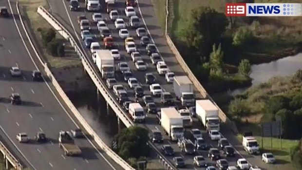 Traffic on the Monash Freeway is at a standstill from Hallam Road in Dandenong South.