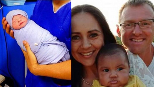 Left: the couple's son moments after birth, and right: Richard Cushworth and Mercedes Casanellas with the child they are now raising as their own. 