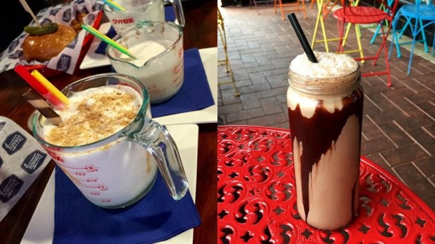 (L-R) Varsity's Salted Caramel and Bacon shake and Tarts Cafe's chocolate shake.