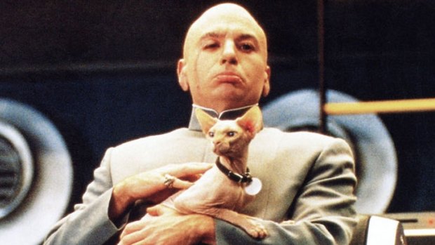 Mike Meyers as Dr Evil in the Austin Powers movie franchise... with his cat Mr Bigglesworth.