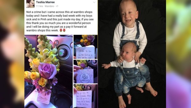 Teshia Marree shared the joy of receiving a bouquet of flowers from a stranger online and right her children, Steele and Max. 