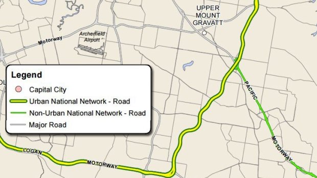 A federal government map showing the section of the Pacific Motorway - marked in green - south of Mt Gravatt as part of the non-urban national network, which Queensland insists requires 80 per cent funding from the federal government, not 50 per cent.