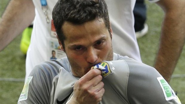 Brazilian hero: Julio Cesar let out the emotion after the Chile win.