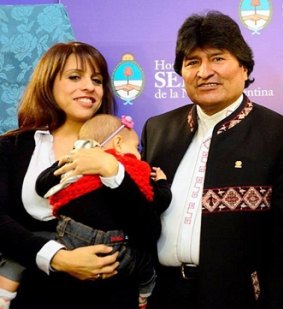 Victoria Donda Perez with daughter Trilce and Bolivian president Evo Morales.
