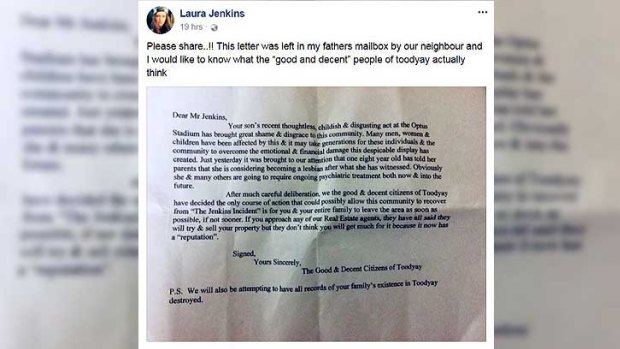 Mr Jenkin's family copped a 'ridiculous' letter in the mail.