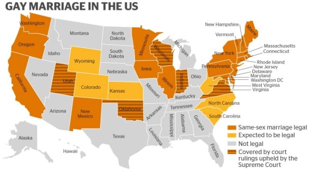 The US Supreme Court appeals in five states – Virginia, Oklahoma, Utah, Wisconsin and Indiana – that had prohibited gay marriage.