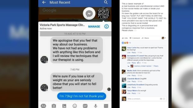 A screen shot of the message an employee from Victoria Park Sports Massage Clinic sent to a client.