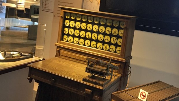 A replica of the punch card driven Hollerith Electric Tabulating System, designed for the 1890 US census, which was one of the starting points for IBM.