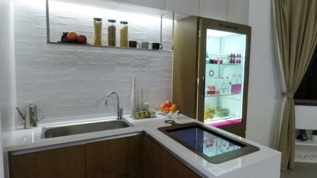 A transparent LED panel in a fridge door lets the glass display information, video and more.