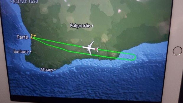 The flight path of the plane after a disruptive passenger caused it to head back to Perth.