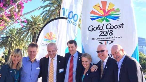 Glynis Nunn-Cearns, Dean Lukin, Kendrick Tucker, Graham Quirk, Kate Jones, Rob Borbidge and Robert de Castella launch the countdown clock for the 2018 Gold Coast Commonwealth Games earlier this year.