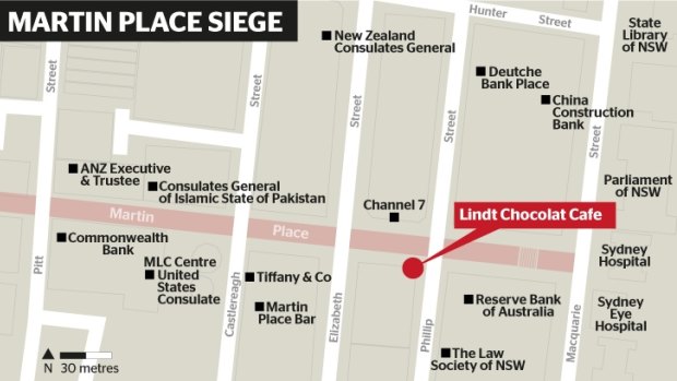 A map showing the siege location in Sydney's CBD, and some of the surrounding prominent buildings