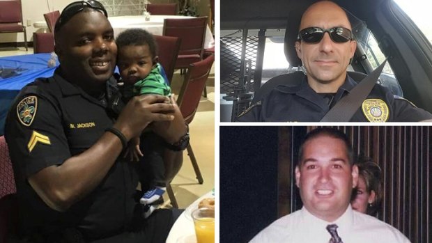 Baton Rouge police victims: (clockwise from left): Montrell Jackson with his son. Photo: Twitter/@BritniDWrites; Matthew Gerald. Photo: Twitter/@WAFB; East Baton Rouge Sheriff's Deputy Brad Garafola. Photo: Twitter/@TRex21