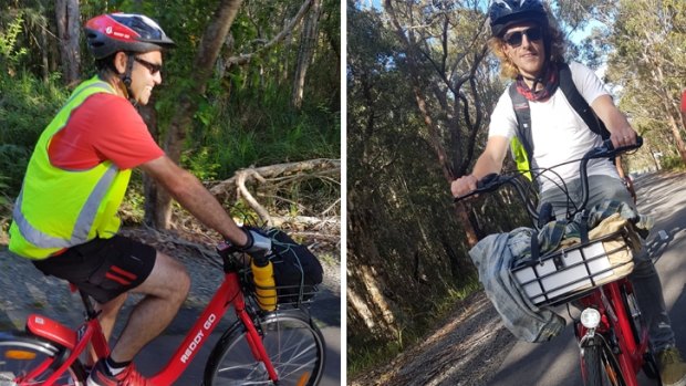Still smiling: Jose Aragon, left, and Jason Sylvester ride from Sydney to Newcastle on Reddy Go bikes.