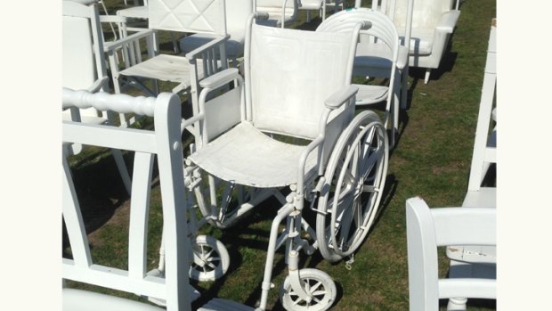 A wheelchair, one of the 185 White Chairs commemorating those killed in the 2011 Christchurch earthquake.