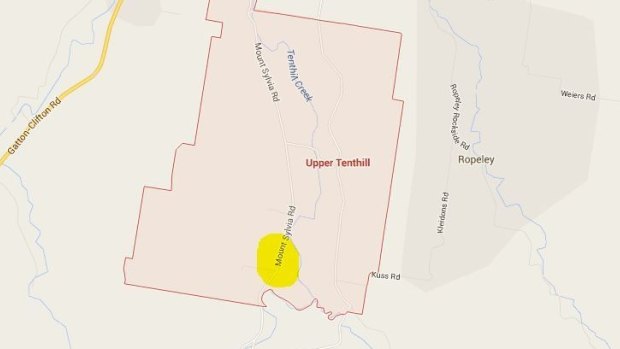 The Upper Tenthill area near Gatton where police have reportedly established a crime scene (highlighted in yellow).
