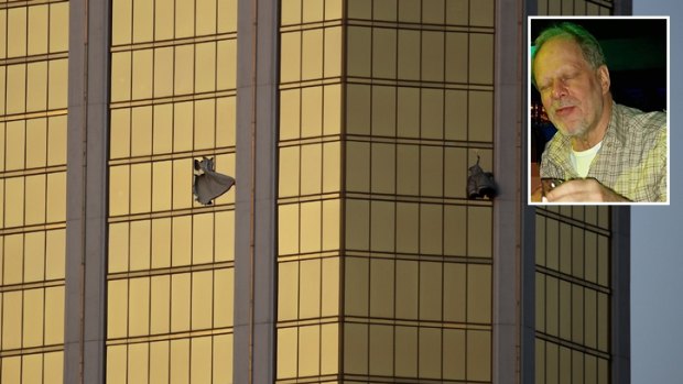 Stephen Paddock (inset) killed 58 people when he opened fire from his room in the Mandalay Bay Resort and Casino. 