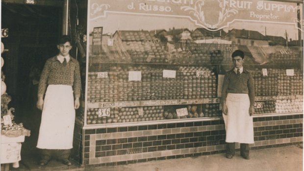 Robert Russo outside his father's fruit shop in Centre Road, Bentleigh in 1935. 