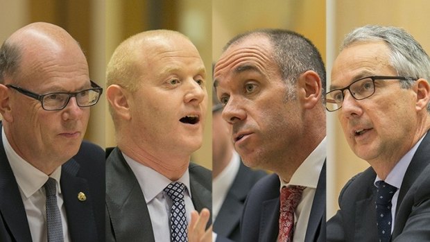 Facing the Senate (from left): ANZ deputy chief executive Graham Hodges, CBA chief executive Ian Narev, NAB chief executive Andrew Thorburn, Macquarie Group chief executive Nicholas Moore.