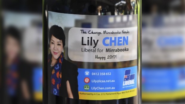 Lily Chen's self-branded wine she was giving residents in Mirrabooka, the seat she hopes to win off Labor at the state election.