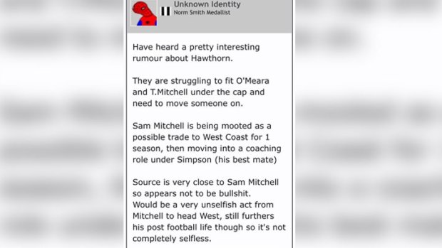 The rumours of Mitchell to West Coast first appeared on the Big Footy fan forum last week.