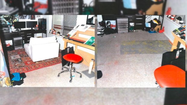 The cut out piece of carpet where Aaron was murdered was cut out and covered with a rug and couch. 