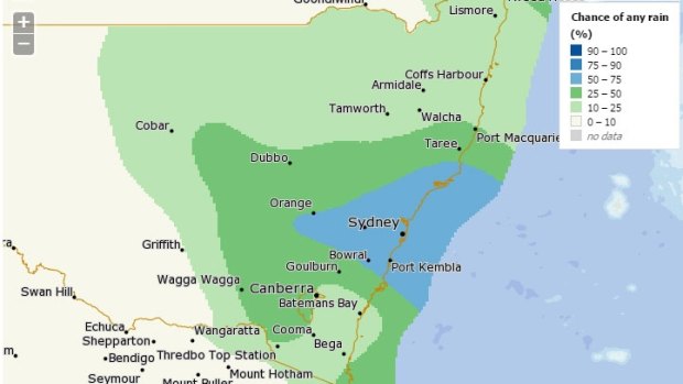 The rain forecast to hit the Sydney region at 4pm on Sunday. 