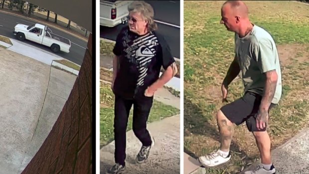 Police believe these men, who arrived at a Georges Hall property in this white ute, may be able to assist with their investigation into missing furniture.